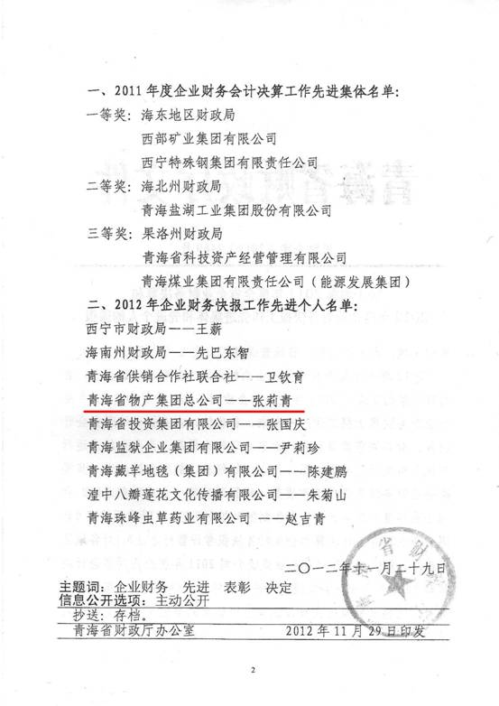 物產集團榮獲2011年度財務決算先進單位、2012年度財務快報工作先進個人表彰